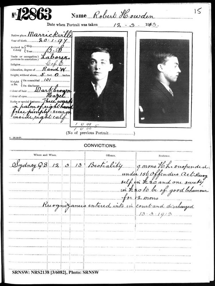 SRNSW: NRS2138, [3/6082], Darlinghurst Gaol photographic description book, 1912-1913, No. 12863, p.15, R5116.