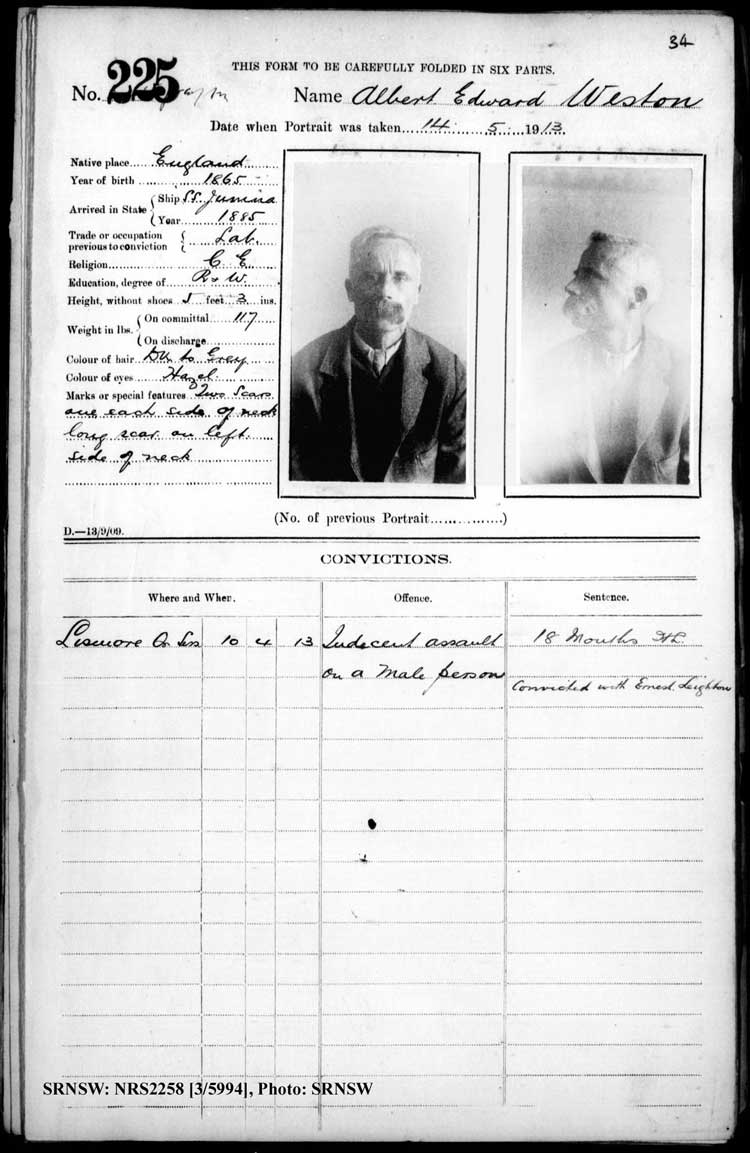 SRNSW: NRS2258, [3/5994], Grafton Gaol photographic description book, Jun 1910-Nov 1922, No. 225, p. 34, R5125.