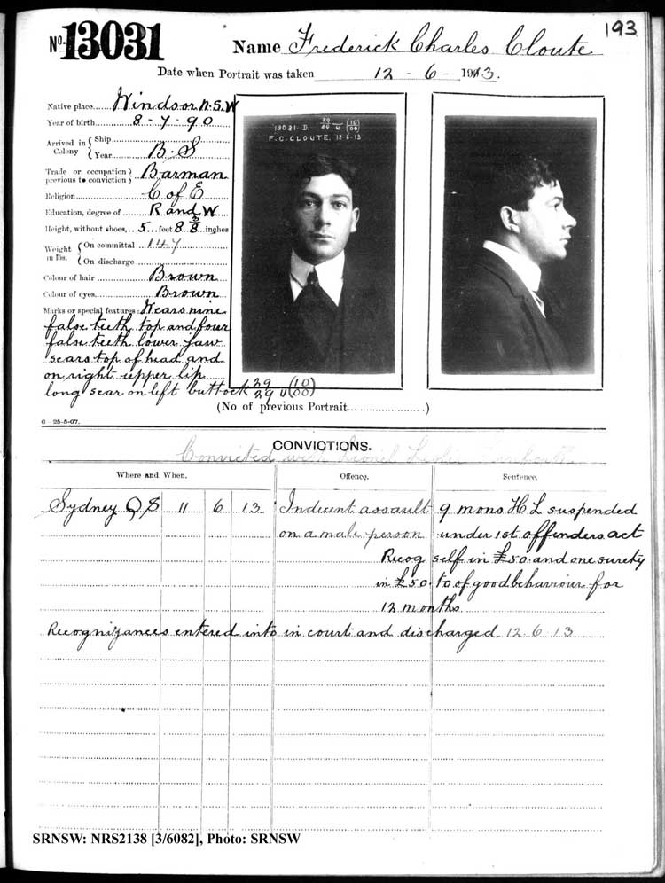 SRNSW: NRS2138, [3/6082], Darlinghurst Gaol photographic description book, 1912-1913, No. 13031, p.193, R5116.