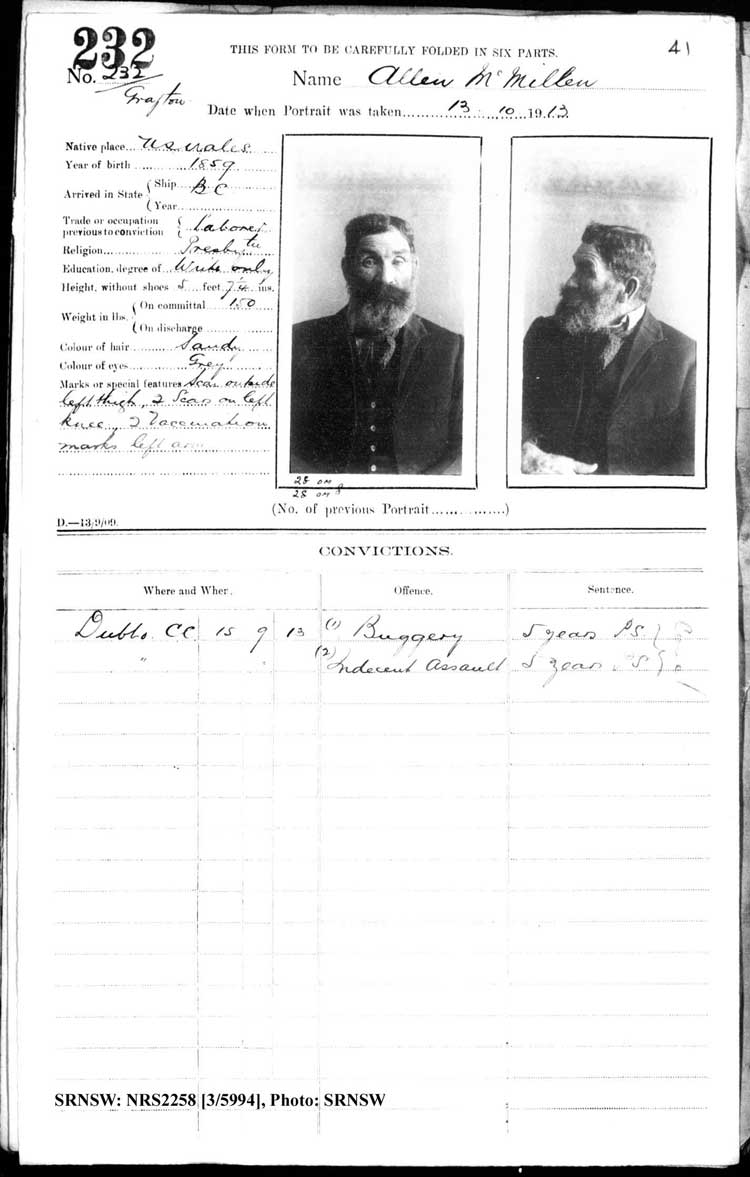 SRNSW: NRS2258, [3/5994], Grafton Gaol photographic description book, Jun 1910-Nov 1922, No. 232, p. 41, R5125.