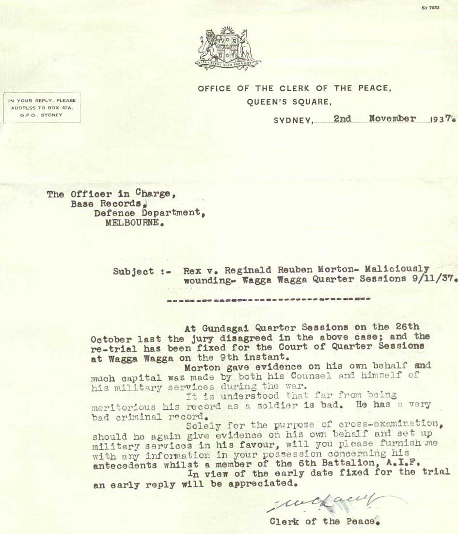 Office of the Clerk of the Peace letter, Tue 2 Nov 1937 Office of the Clerk of the Peace letter, Tue 2 Nov 1937