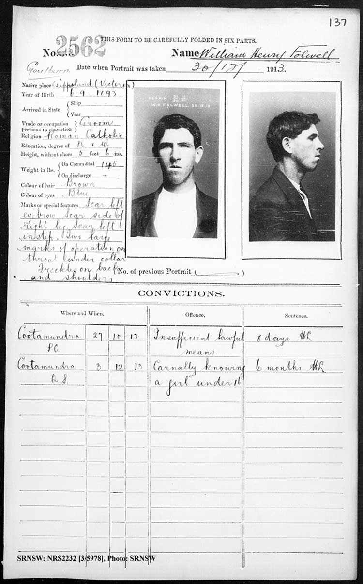 SRNSW: NRS2232, [3/5978], Goulburn Gaol photographic description book, 22 Nov 1911-28 Oct 1914, No. 2562, p. 137, R5122.