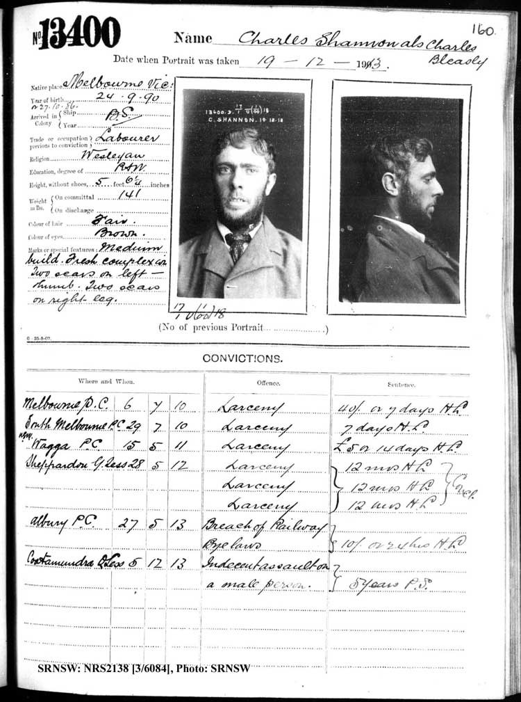 SRNSW: NRS2138, [3/6084], Darlinghurst Gaol photographic description book, 1913-1914, No. 13400, p. 160, R5117.