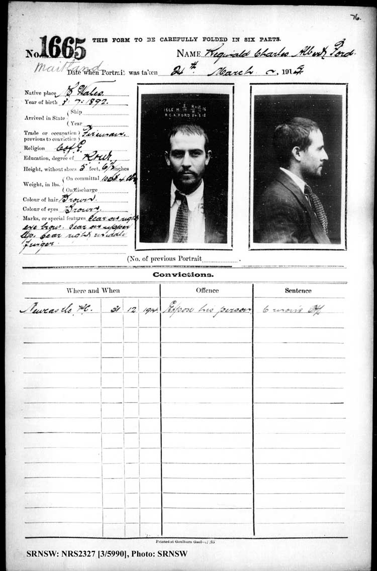 SRNSW: NRS2327, [3/5990], Maitland Gaol Photograph description sheets, 1875-1930, No. 1665, p. 76, R5131.