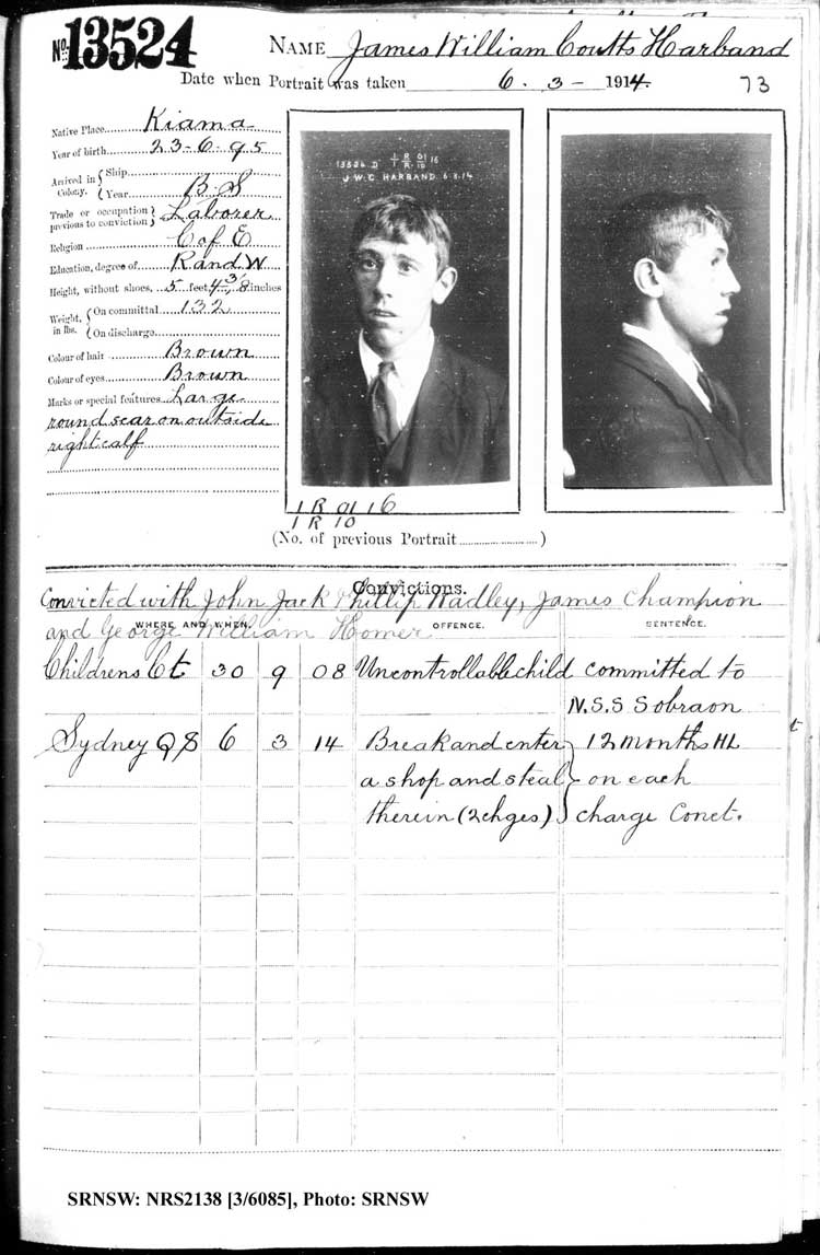 SRNSW: NRS2138, [3/6085], Darlinghurst Gaol photographic description book, 1913-1914, No. 13524, p. 73, R5117.