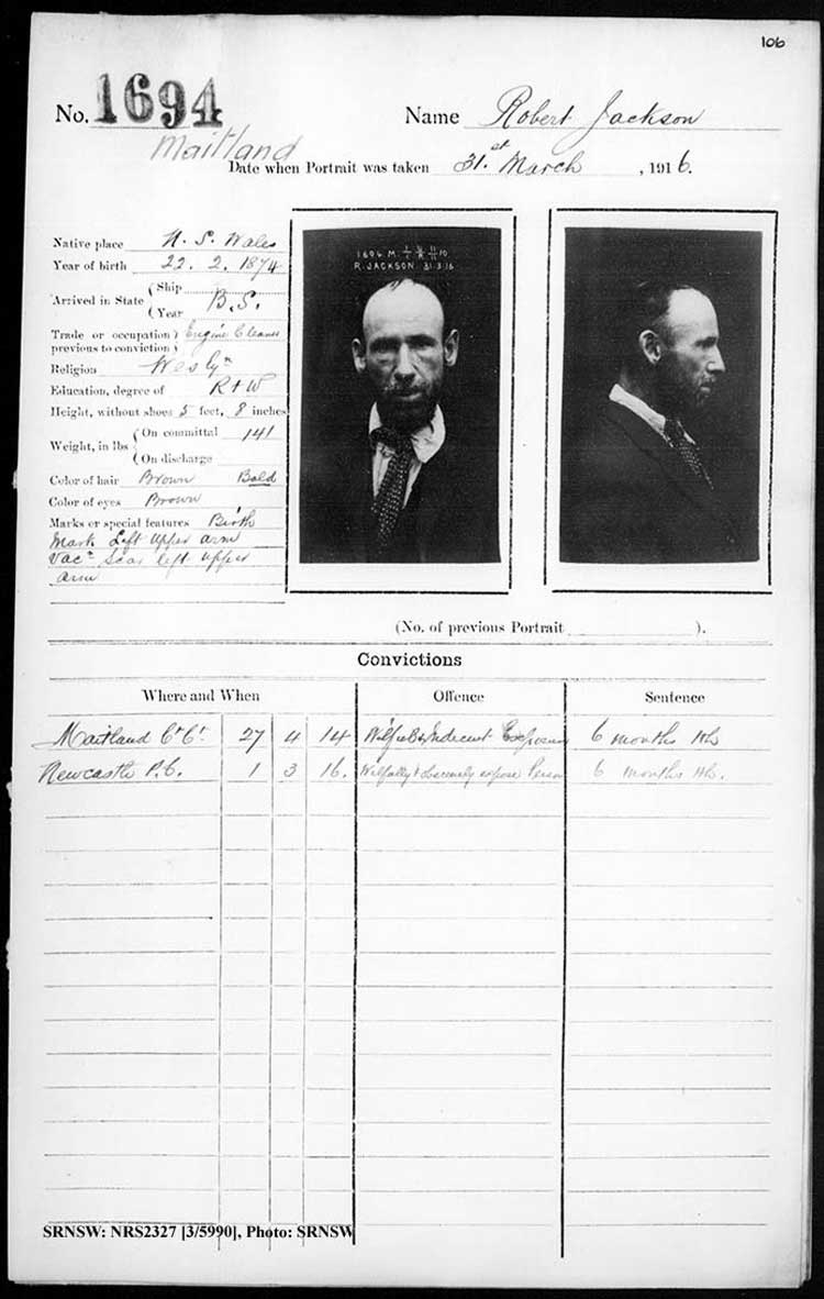 SRNSW: NRS2327, [3/5990], Maitland Gaol Photograph description sheets, 1875-1930, No. 1694, p. 106, R5131.