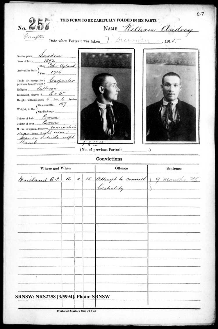 SRNSW: NRS2258, [3/5994], Grafton Gaol photographic description book, Jun 1910-Nov 1922, No. 257, p. 67, R5125.
