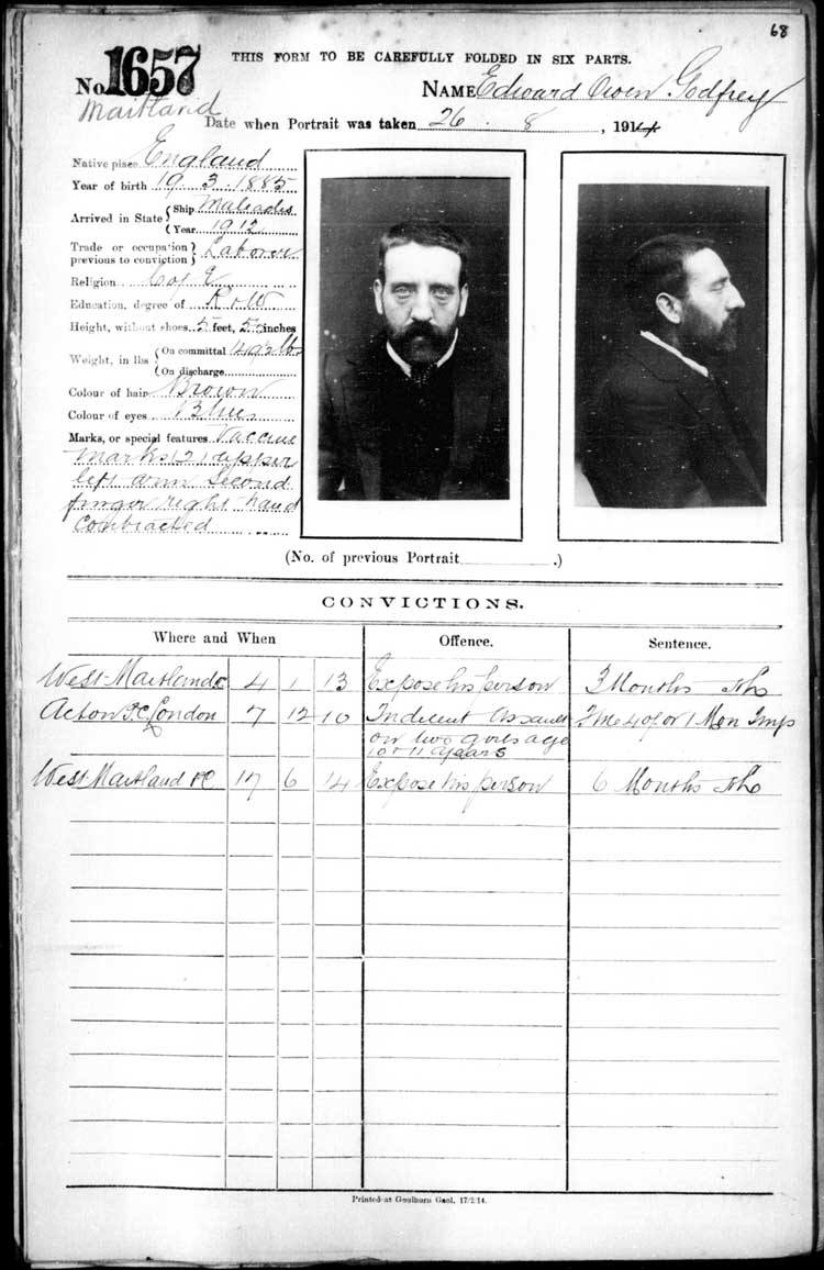 SRNSW: NRS2327, [3/5990], Maitland Gaol Photograph description sheets, 1875-1930, No. 1657, p. 68, R5131.