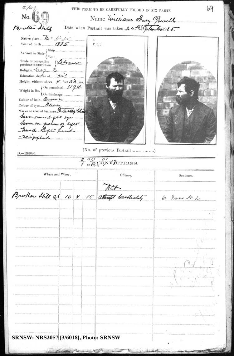 SRNSW: NRS2057, [3/6018], Broken Hill Gaol photographic description book, 1904-1929, No. 69, p. 69, R5095.