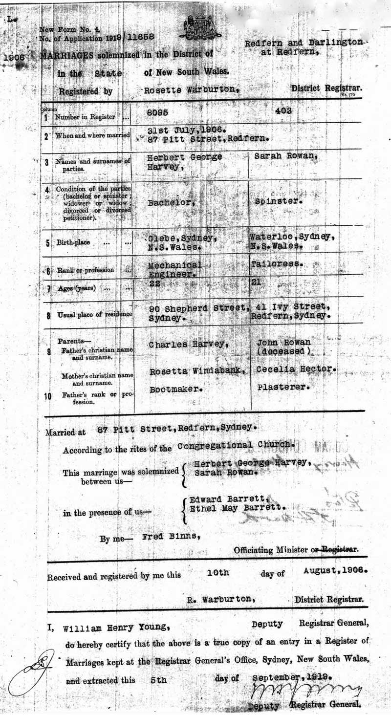 Herbert George Harvey and Sarah Rowan, 31 Jul 1906, marriage certificate. Photo: Peter de Waal Herbert George Harvey and Sarah Rowan, 31 Jul 1906, marriage certificate. Photo: Peter de Waal