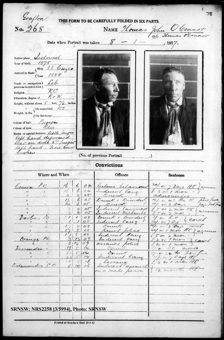 SRNSW: NRS2258, [3/5994], Grafton Gaol photographic description book, Jun 1910 - Nov 1922, No. 268, p. 78, R5125.
