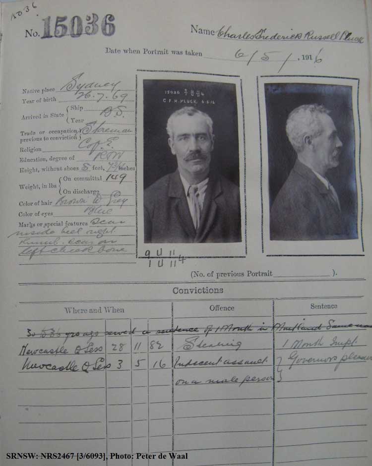 SRNSW: NRS2467, [3/6093], State Penitentiary photographic description book, 5 May 1916-29 Aug 1916, No. 15036, p. –.SRNSW: NRS2467, [3/6093], State Penitentiary photographic description book, 5 May 1916-29 Aug 1916, No. 15036, p. –.