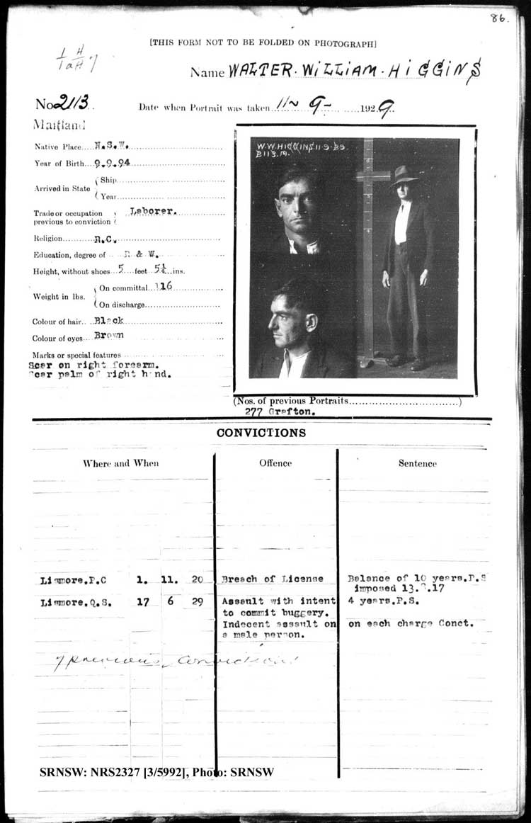 SRNSW: NRS2327, [3/5992], Maitland Gaol Photograph description sheets, 1875-1930, No. 2113, p. 86, R5132.