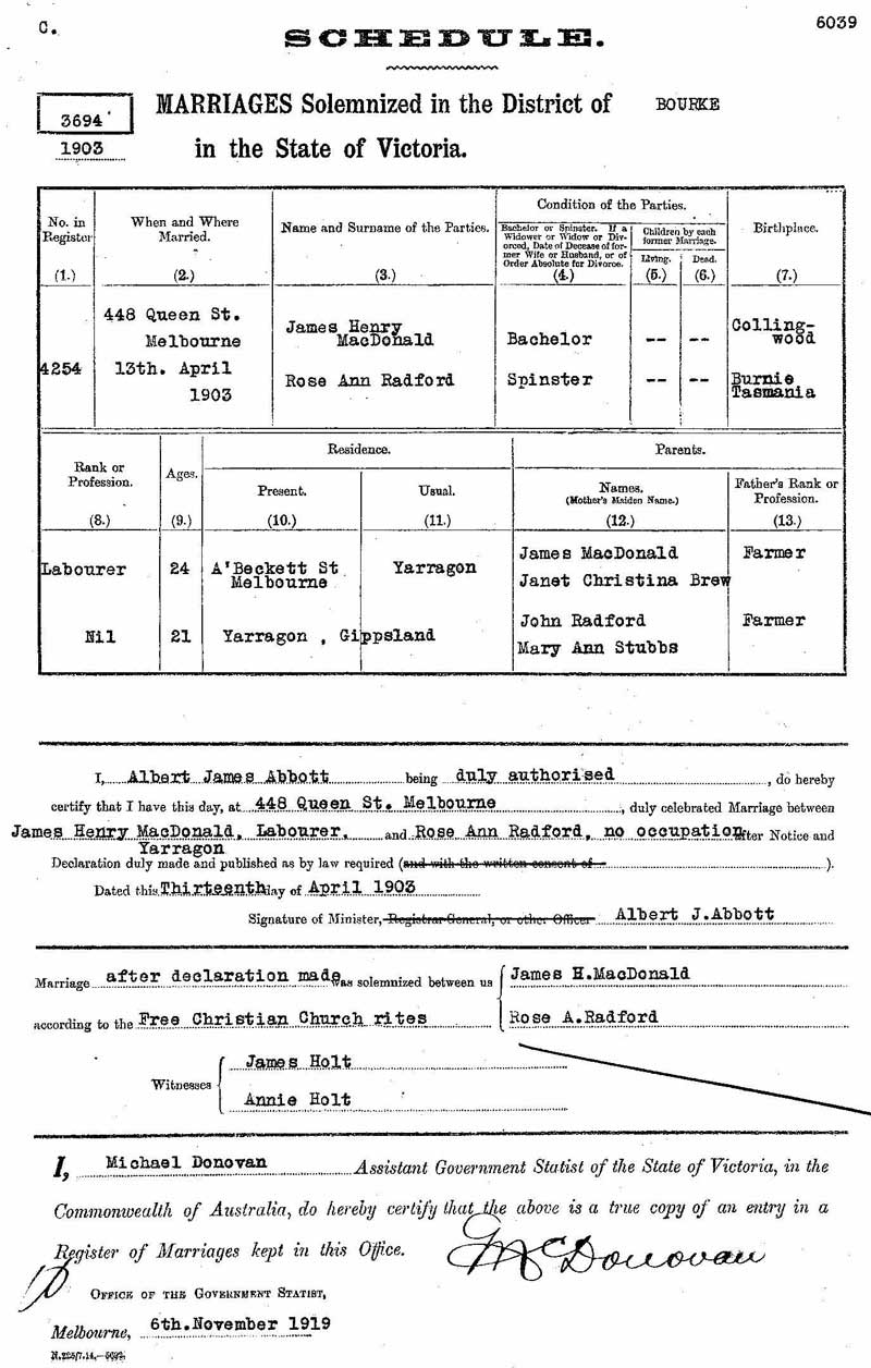 James Henry McDonald and Rose Ann Radford, 13 Apr 1903, marriage certificate. Photo: Peter de Waal