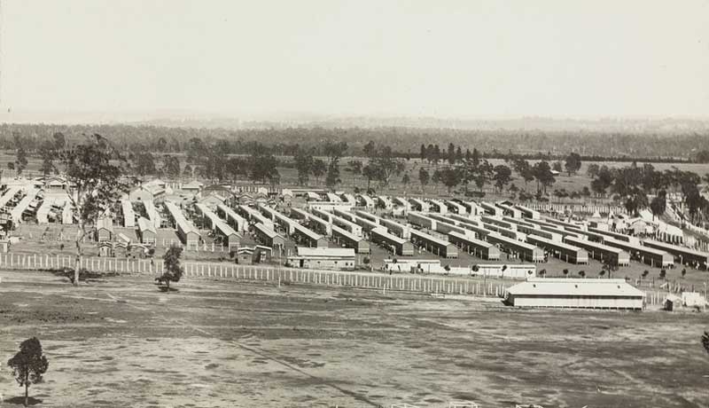 Main compound of the German Concentration Camp, Holsworthy, c. 1914-1919. Image: NSW State Library collection. Reproduction: Peter de Waal Main compound of the German Concentration Camp, Holsworthy, c. 1914-1919. Image: NSW State Library collection. Reproduction: Peter de Waal