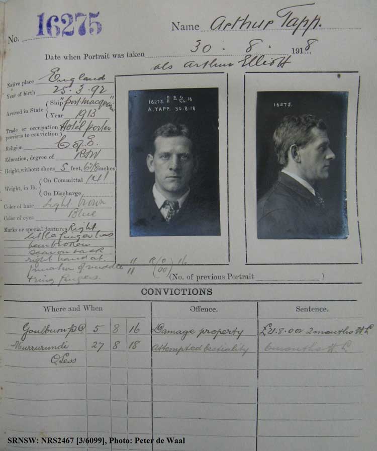 SRNSW: NRS2467, [3/6099], State Penitentiary photographic description book, 3 Aug 1918-24 Jan 1919, No. 16275, p. –.