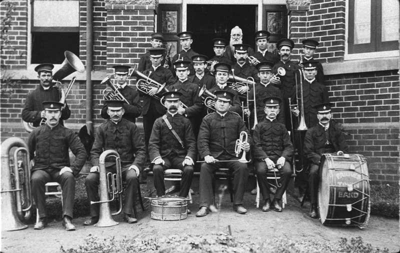 Outside Parkes Hospital with Town Band. White haired man at back is Mr Medlin, hospital president, Parkes, NSW, n.d. Image: NSW State Library collection. Reproduction: Peter de Waal