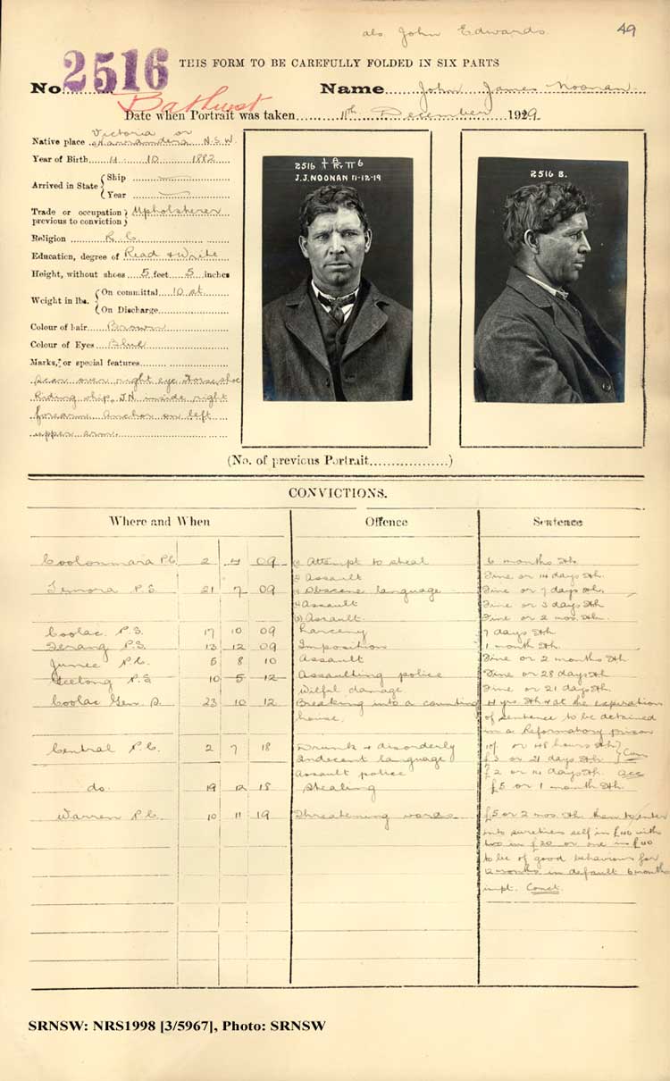 SRNSW: NRS1998, [3/5967], Bathurst Gaol photographic description book, 1874-1930, No. 2516, p. 49, R5087.