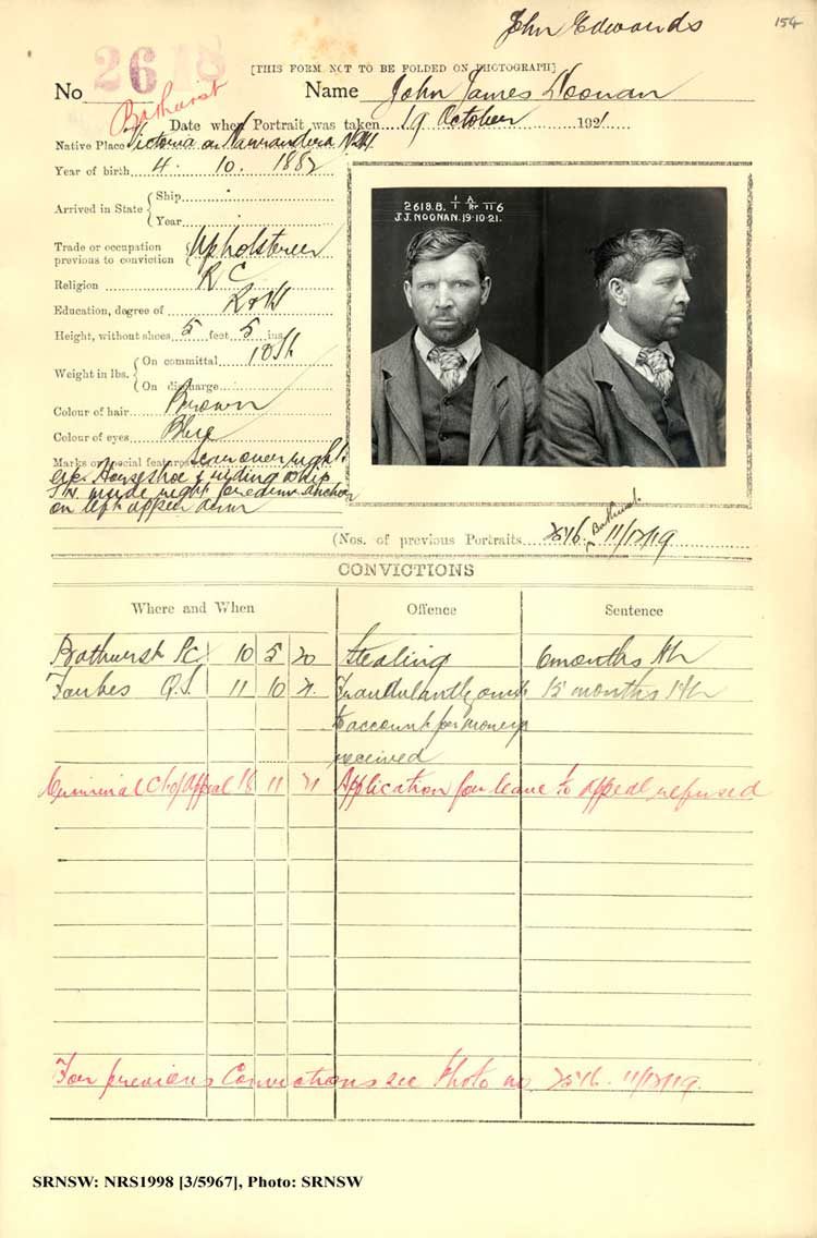 SRNSW: NRS1998, [3/5967], Bathurst Gaol photographic description book, 1874-1930, No. 2618, p. 154, R5087.