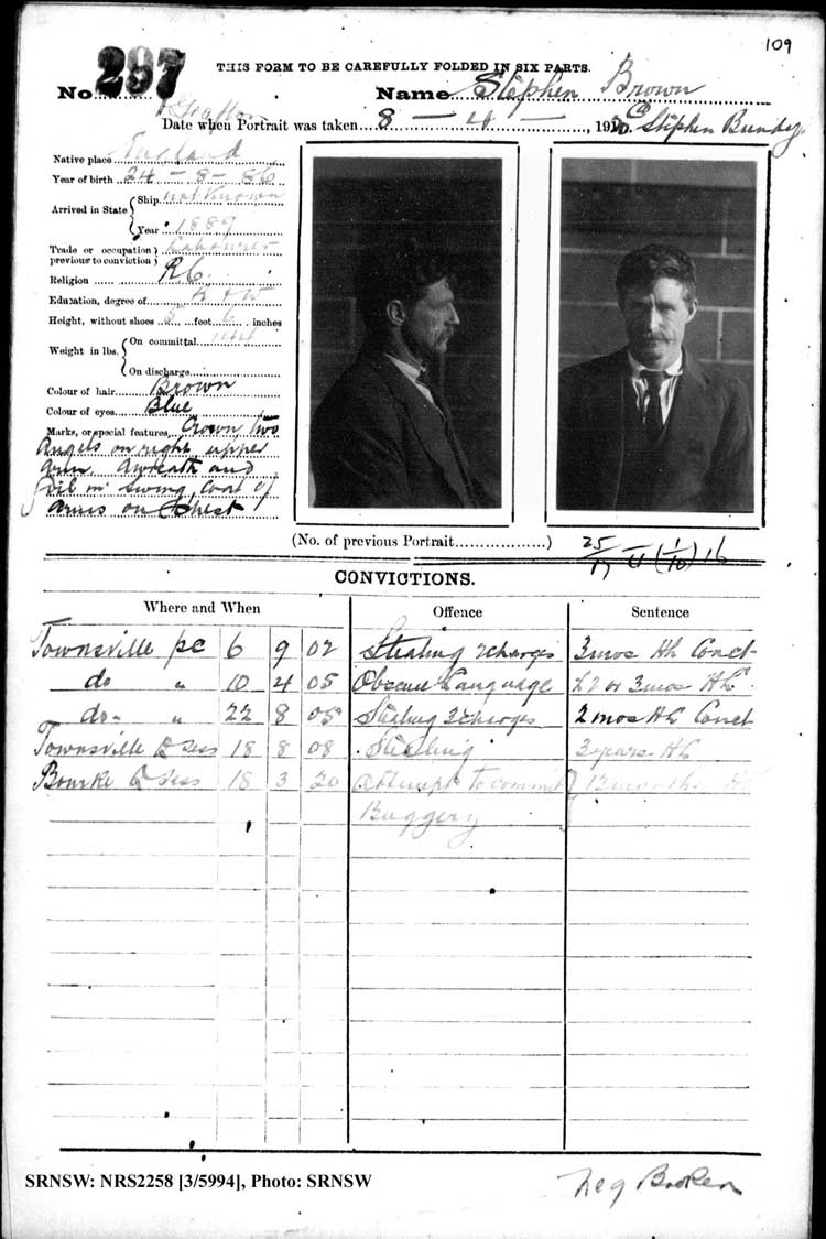 SRNSW: NRS2258, [3/5994], Grafton Gaol photographic description book, Jun 1910-Nov 1922, No. 297, p. 109, R5125.