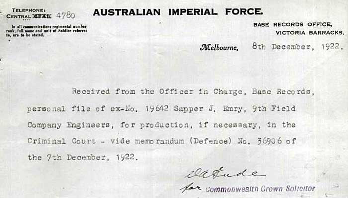 Solicitor’s Correspondence Concerning Accused’s Court Appearance, Dec 1922. p. 11