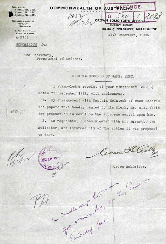 Solicitor’s Correspondence Concerning Accused’s Court Appearance, Dec 1922. p. 13