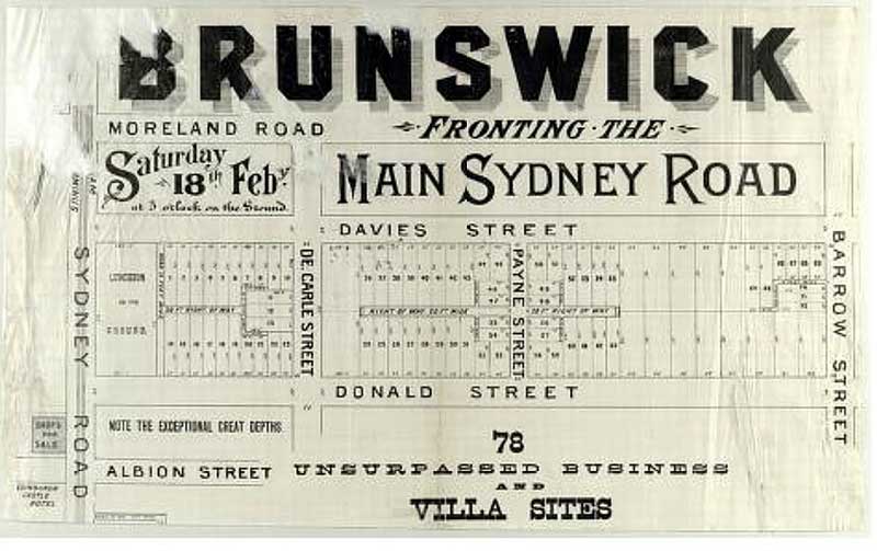 Brunswick front, including Payne street, the main Sydney Road, Melbourne, c. 1889. Image: Vic State Library collection. Reproduction: Peter de Waal