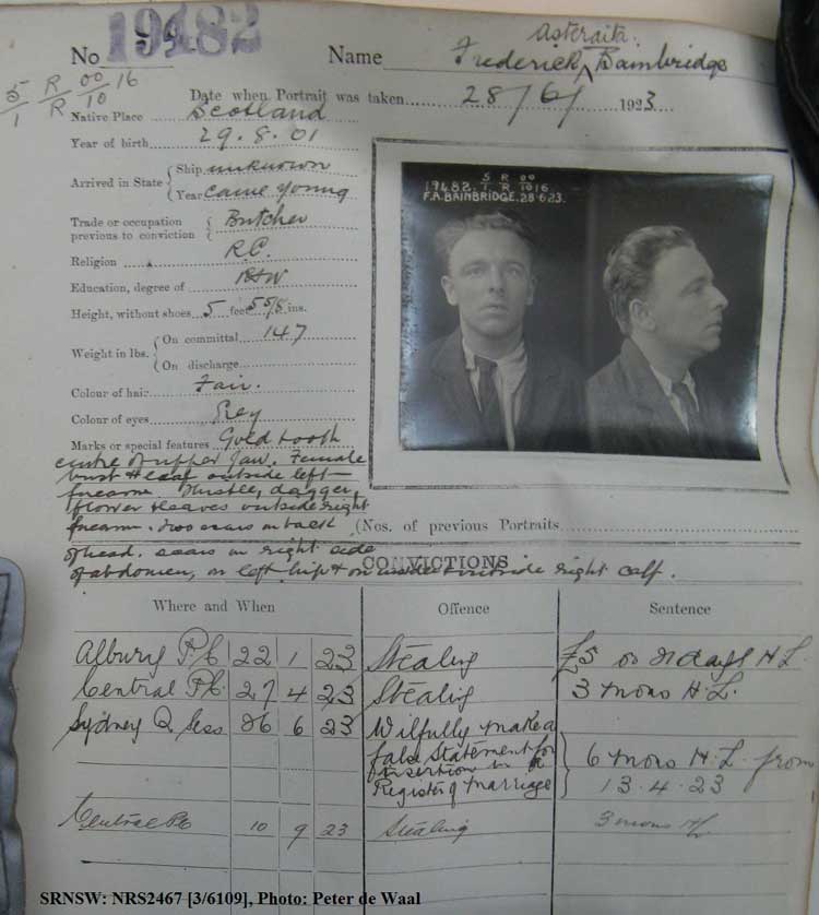 SRNSW: NRS2467, [3/6109], State Penitentiary photographic description book, 17 Mar 1923-11 Aug 1923, No. 19482, p. –.