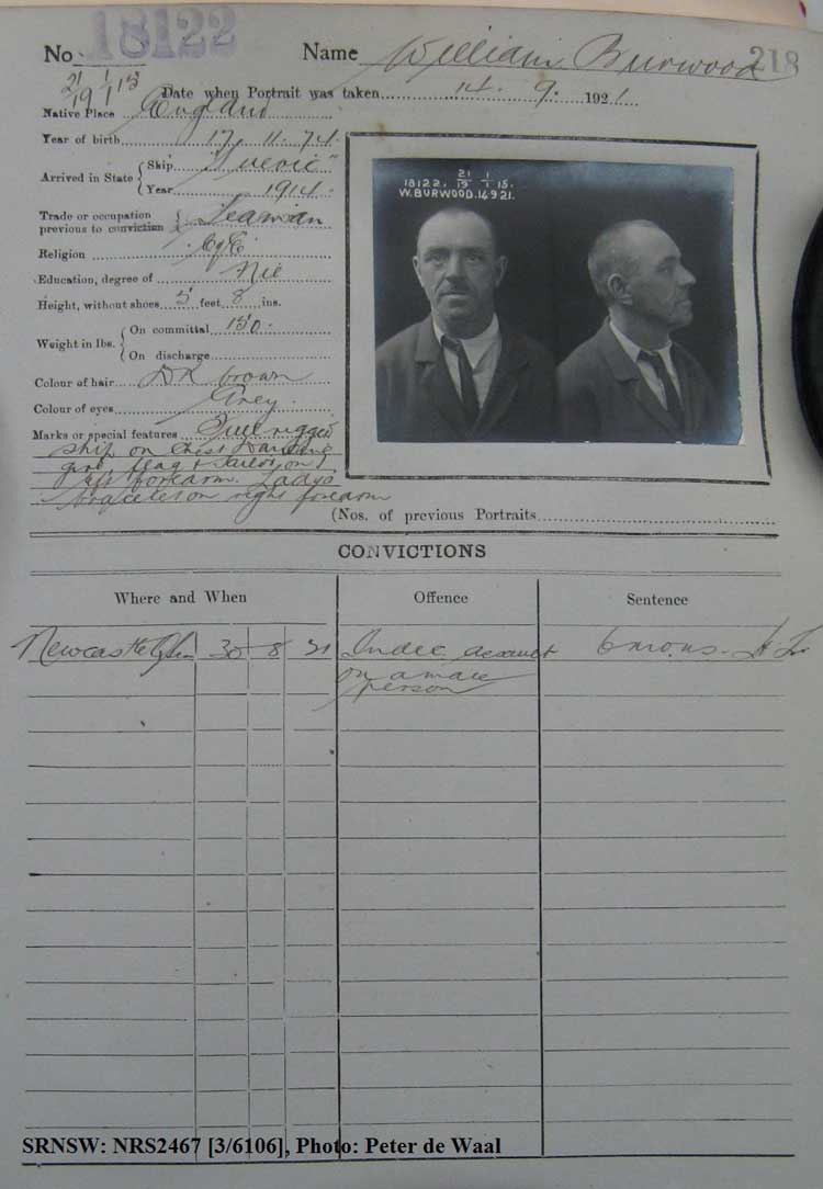 SRNSW: NRS2467, [3/6106], State Penitentiary photographic description book, 14 May 1921-7 Feb 1922, No. 18122, p. 218.