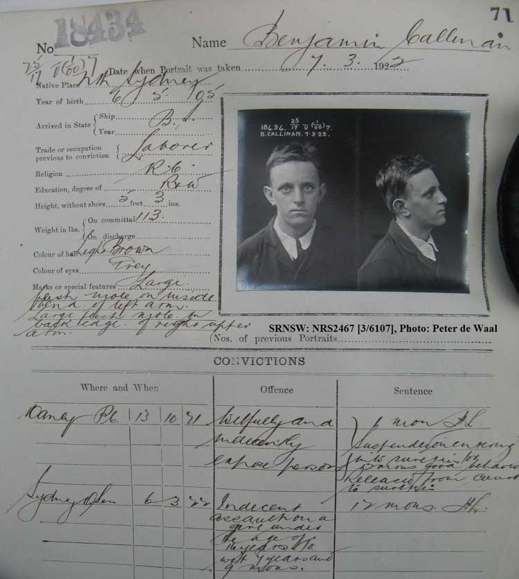 SRNSW: NRS2467, [3/6107], State Penitentiary photographic description book, 8 Feb 1922-5 Sep 1922, No. 18434, p. 71.