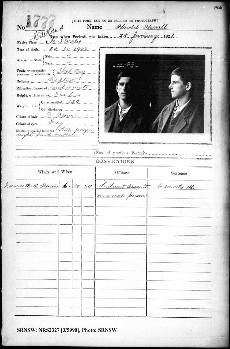 SRNSW: NRS2327, [3/5990], Maitland Gaol photographic description book, 1875-1930, No.1777, p. 193, R5131.