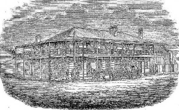 Scene in Grey street, Glen Innes, Airey’s Royal Hotel. Image: Australian Town and Country Journal, Sat 5 Jun 1855, p.908. Reproduction: Peter de Waal