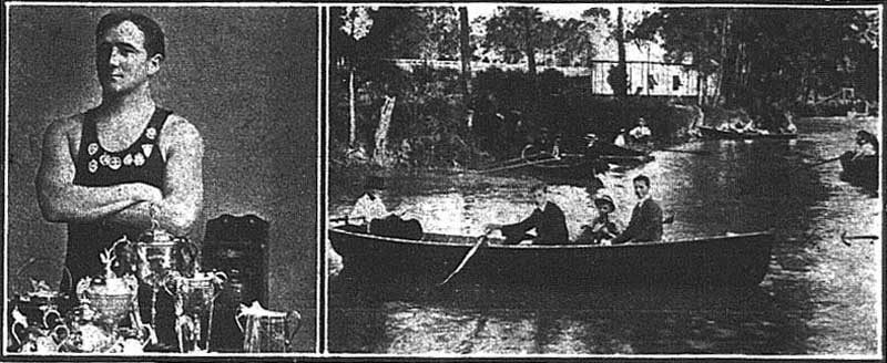 Tom Morris. Opposite Latty’s boatshed, Fairfield, St George’s river, the starting point for Morris’ five miles’ swim last year. Image: The Referee, (Sydney, NSW), Wed 6 Mar 1918, p. 16. Reproduction: Peter de Waal