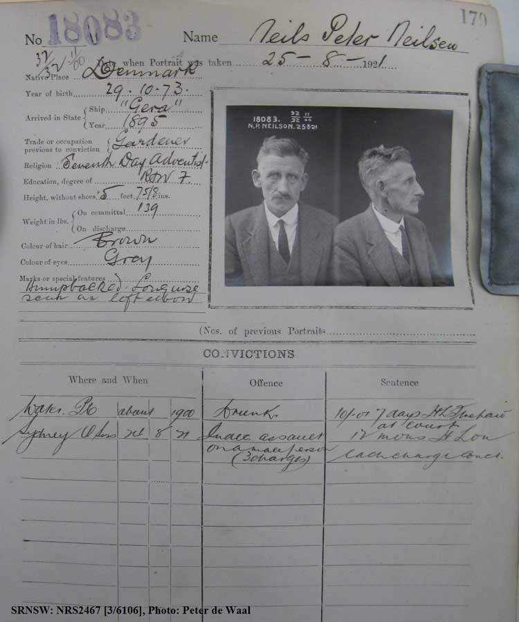 SRNSW: NRS2467, [3/6106], State Penitentiary photographic description book, 14 May 1921-7 Feb 1922, No. 18083, p. 179.
