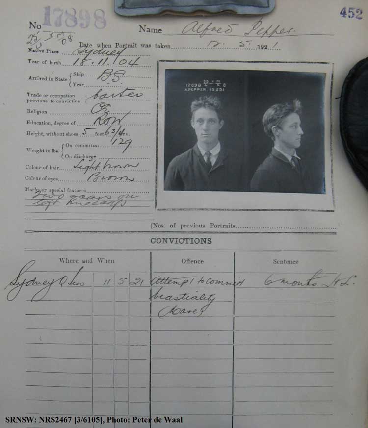 SRNSW: NRS2467, [3/6105], State Penitentiary photographic description book, 9 Oct 1920-14 May 1921, No. 17898, p. 452.