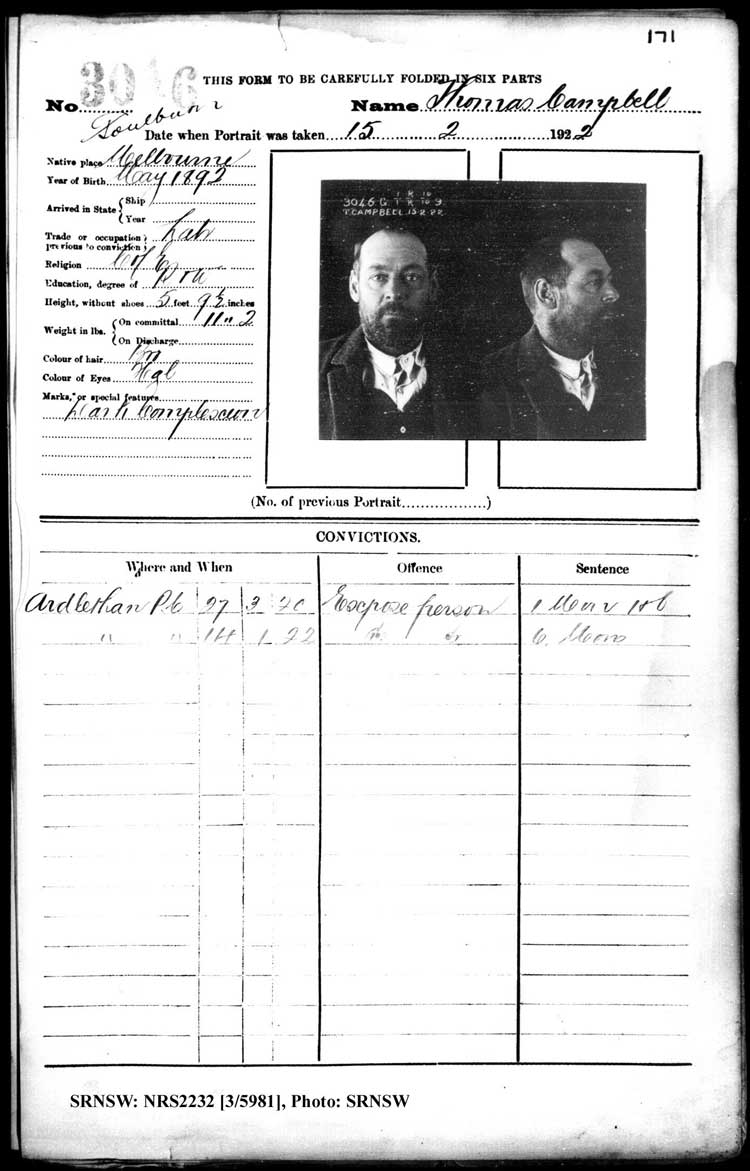 SRNSW: NRS2232, [3/5981], Goulburn Gaol photographic description book, 25 Sep 1918-16 May 1922, No. 3046, p. 171, R5122.