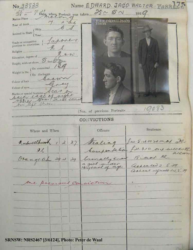 SRNSW: NRS2467, [3/6124], State Penitentiary photographic description book, 21 Mar 1929-8 Aug 1929, No. 23833, p. 175.