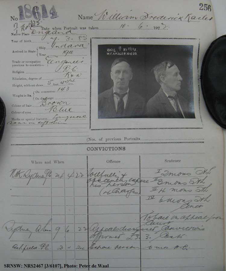 SRNSW: NRS2467, [3/6107], State Penitentiary photographic description book, 8 Feb 1922-5 Feb 1922, No. 18614, p. 256.