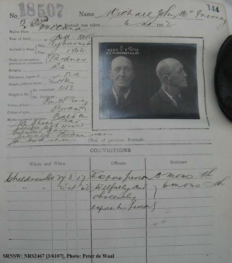SRNSW: NRS2467, [3/6107], State Penitentiary photographic description book, 8 Feb 1922-5 Sep 1922, No. 18507, p. 144.