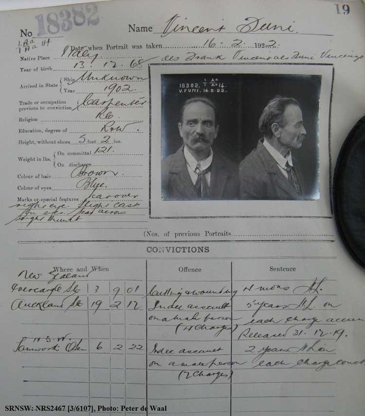 SRNSW: NRS2467, [3/6107], State Penitentiary photographic description book, 8 Feb 1922-5 Sep 1922, No. 18382, p. 19.