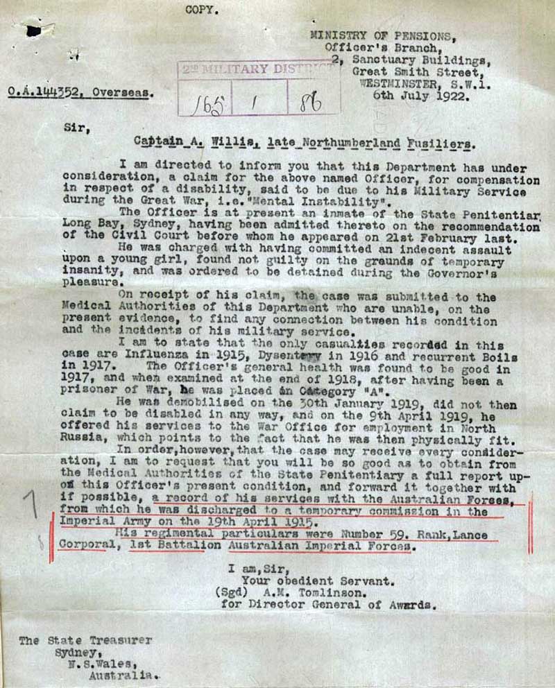 UK Ministry of Pensions Letter, Thu 6 Jul 1922