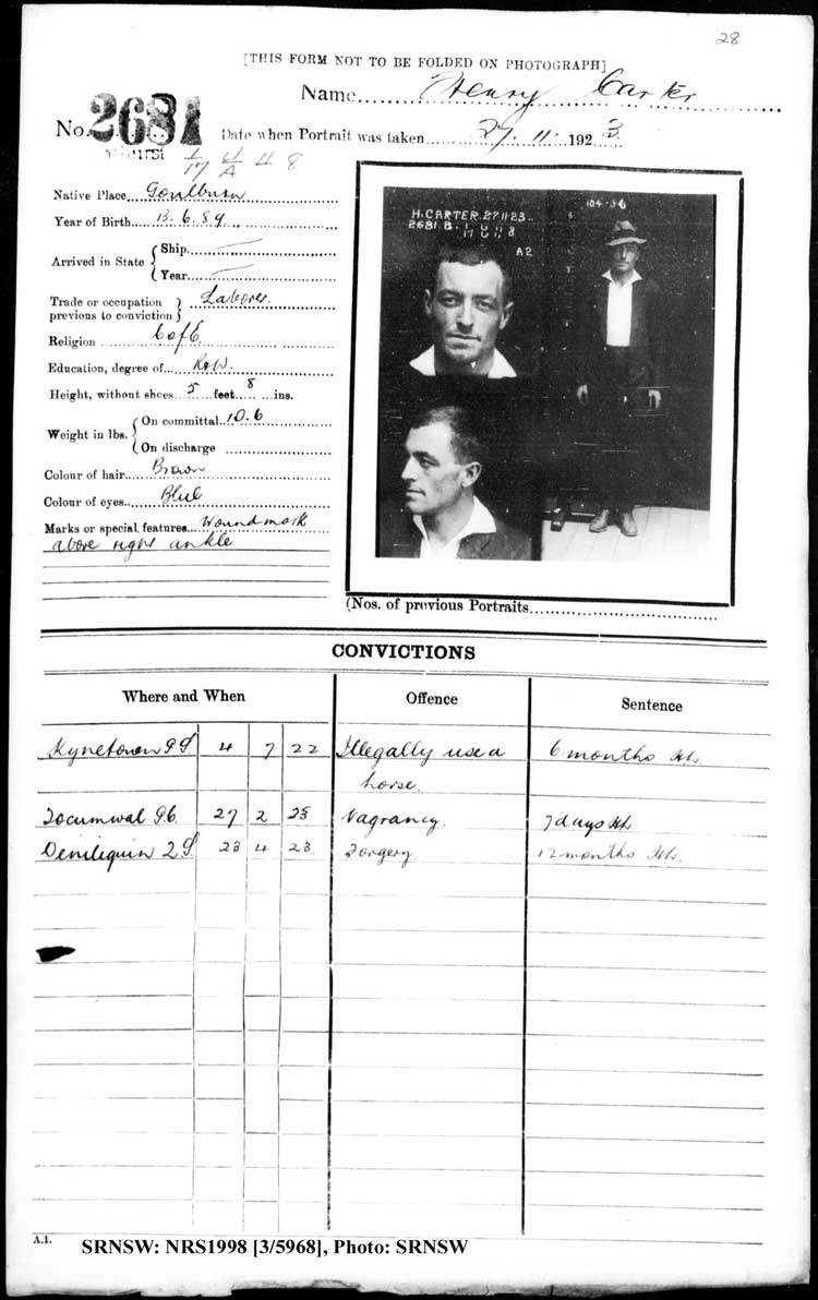  9  SRNSW: NRS1998, [3/5968], Bathurst Gaol photographic description book, 1874-1930, No. 2681, p. 28, R5088.