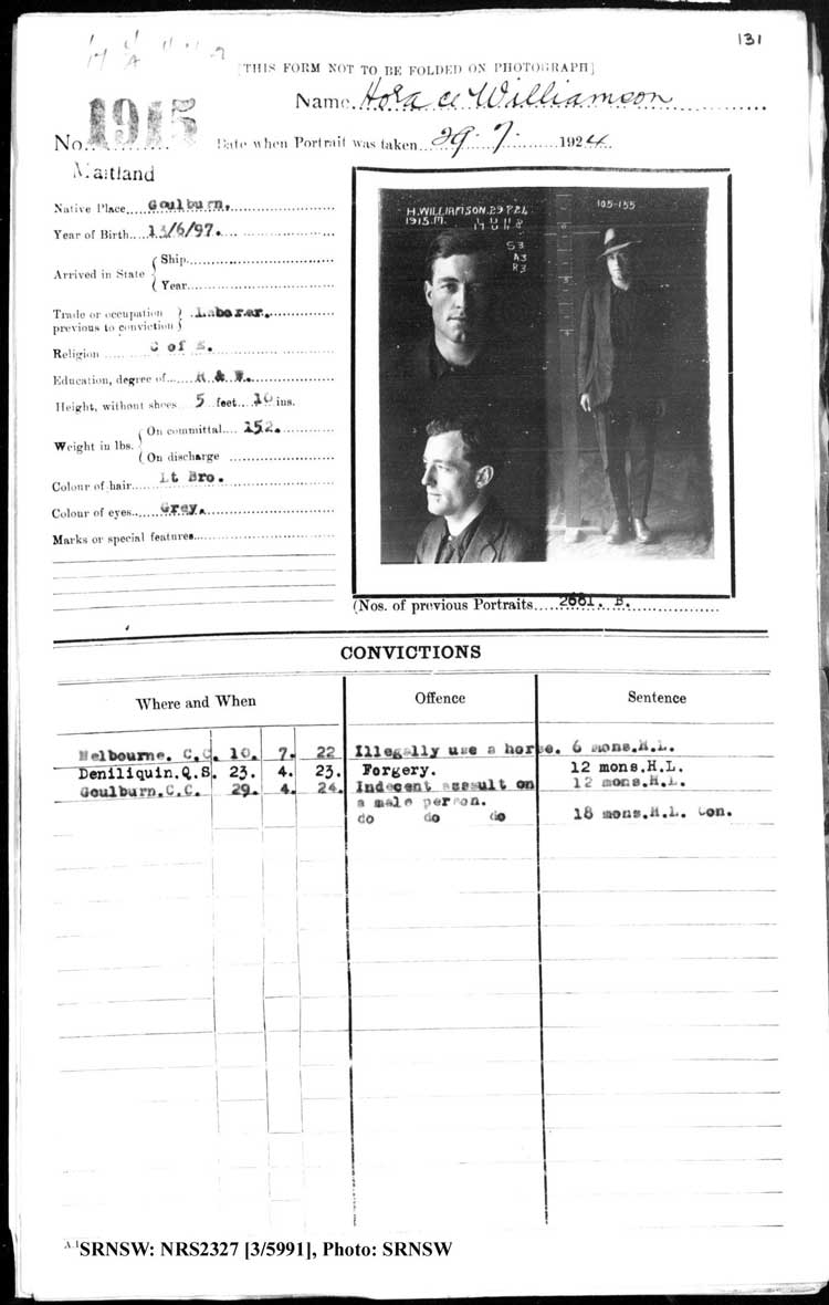 SRNSW: NRS2327, [3/5991], Maitland Gaol photographic description book, 1875-1930, No. 1915, p. 131, R5132.