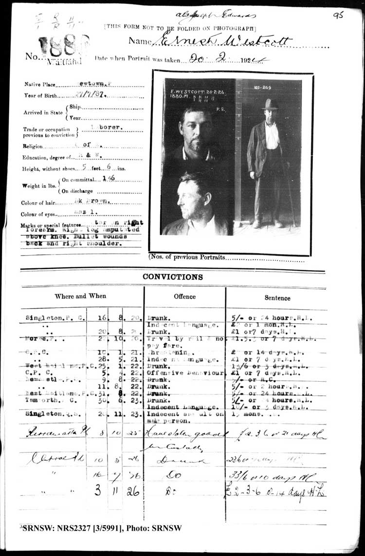 SRNSW: NRS2327, [3/5991], Maitland Gaol photographic description book, 1875-1930, No. 1880, p. 95, R5132. Emphasis added.