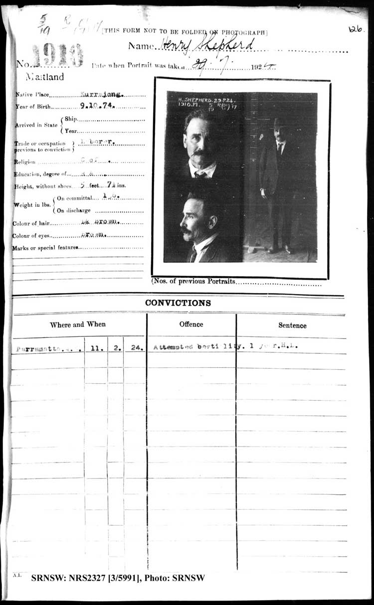 SRNSW: NRS2327, [3/5991], Maitland Gaol photographic description book, 1875-1930, No. 1910, p.1265, R5132.