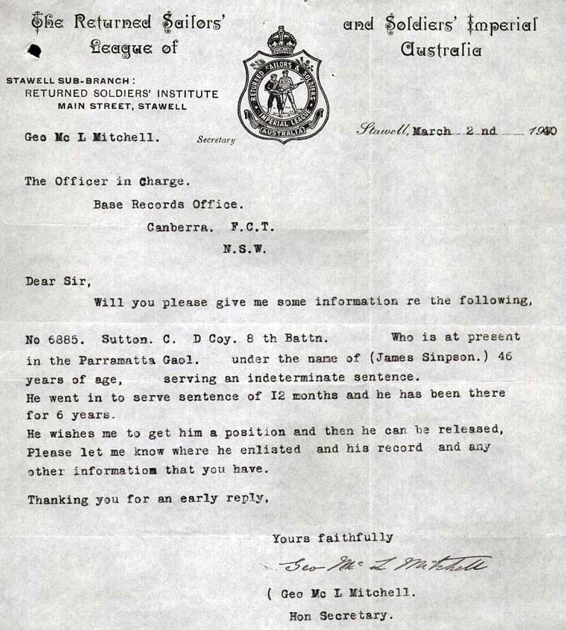 Returned Soldiers’ Institute letter regarding James Simpson, 2 Mar 1940