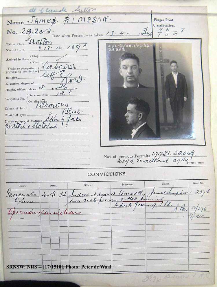 SRNSW: NRS– [17/1510], State Penitentiary photographic description book, 24 Feb 1934-18 May 1934, No. 28202, p. –.