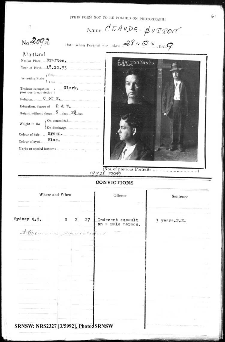 SRNSW: NRS2327, [3/5992], Maitland Gaol Photograph description sheets, 1875-1930, No. 2092, p. 61, R5132.