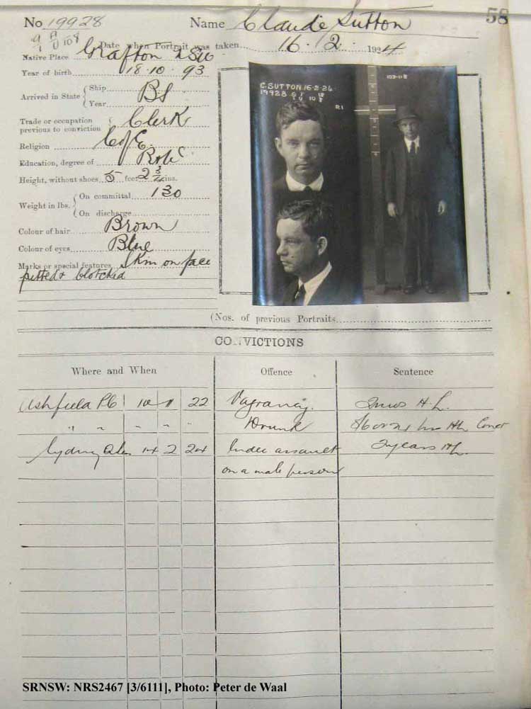 SRNSW: NRS2467, [3/6111], State Penitentiary photographic description book, 14 Jan 1924-5 Jun 1924, No. 19928, p. 58.