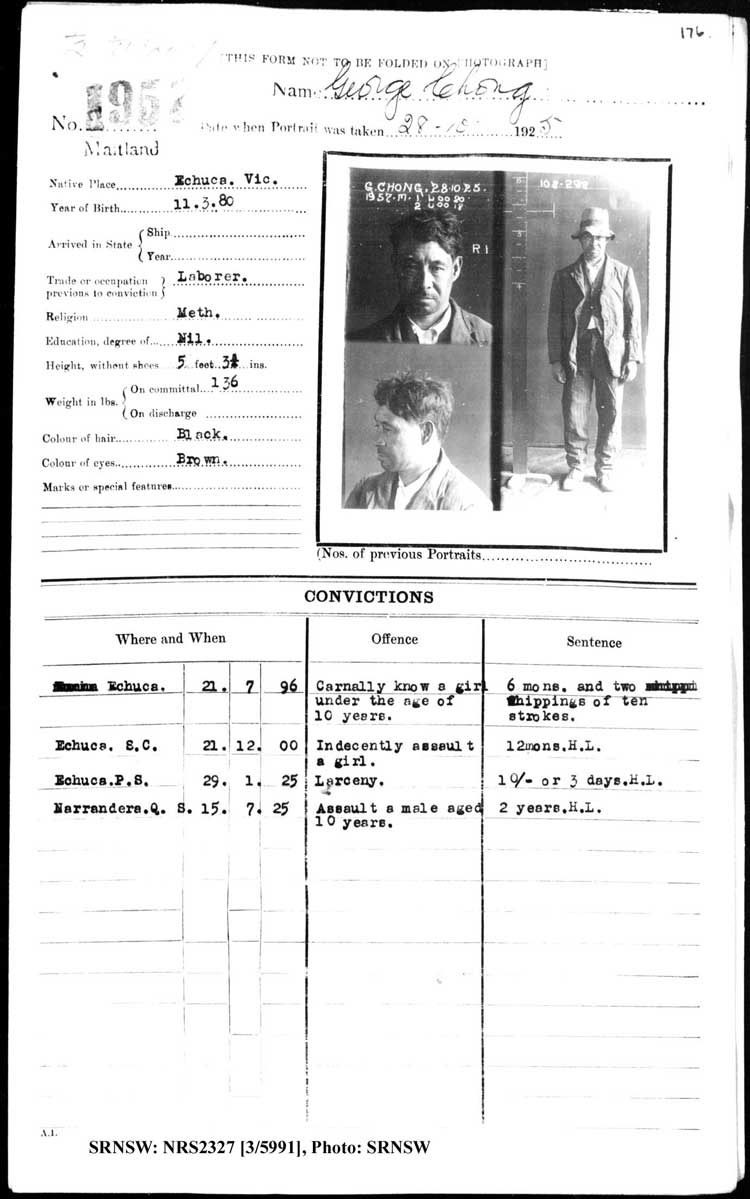NRS2327, [3/5991], Maitland Gaol photographic description book, 1875-1930, No. 1957, p. 176, R5132.